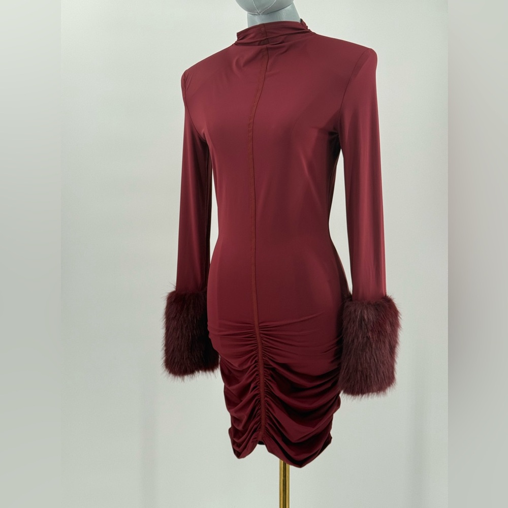 🆕 BRONX & BANCO 🧿 NWOT Eleanor Burgundy Fur Trimmed Mini Dress, Sz L US 8 - Picture 12 of 17